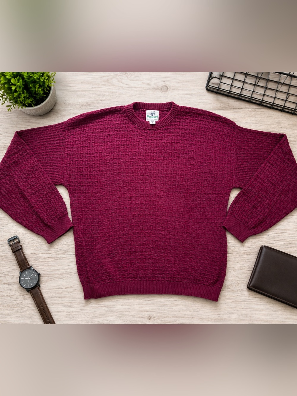 Vintage Van Heusen 417 Mens XL Burgundy Textured Knit Crewneck Sweater Pullover